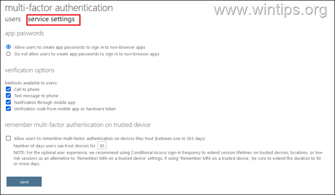 Multi-factor authentication Service Settings Microsoft 365