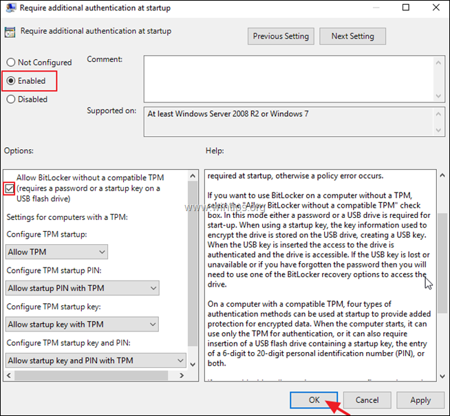 disable bitlocker tpm requirement Windows 10