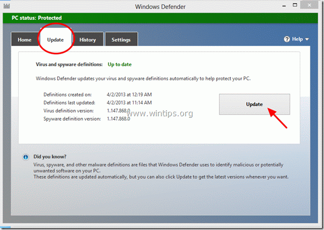 update windows defender - www.wintips.org